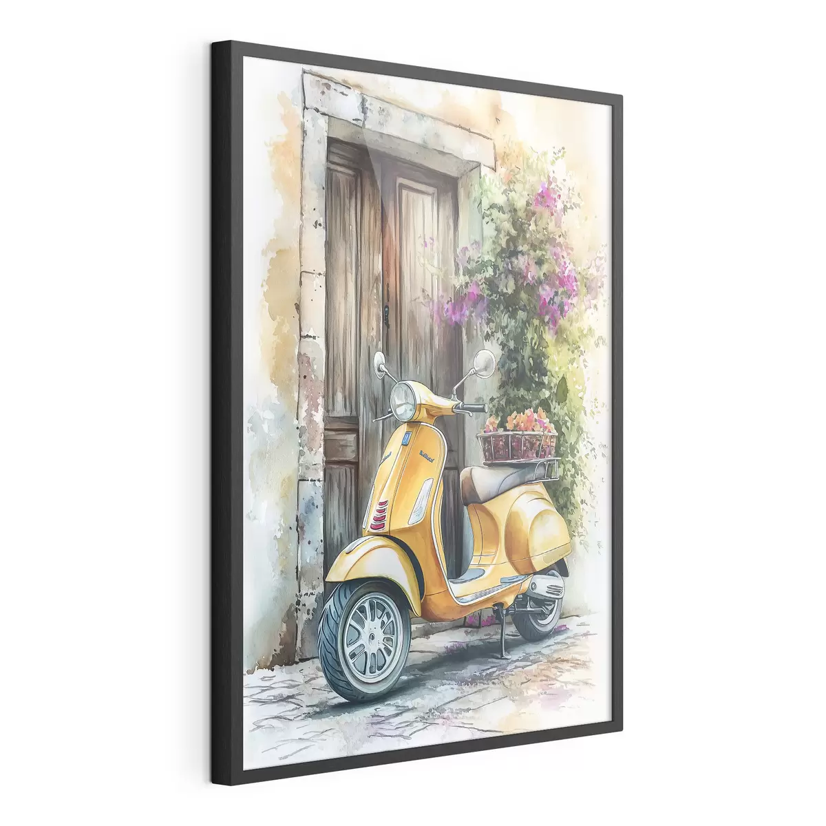 Poster Gelber Vespa-Roller in der Nähe der Holztür mit Blumen f44607