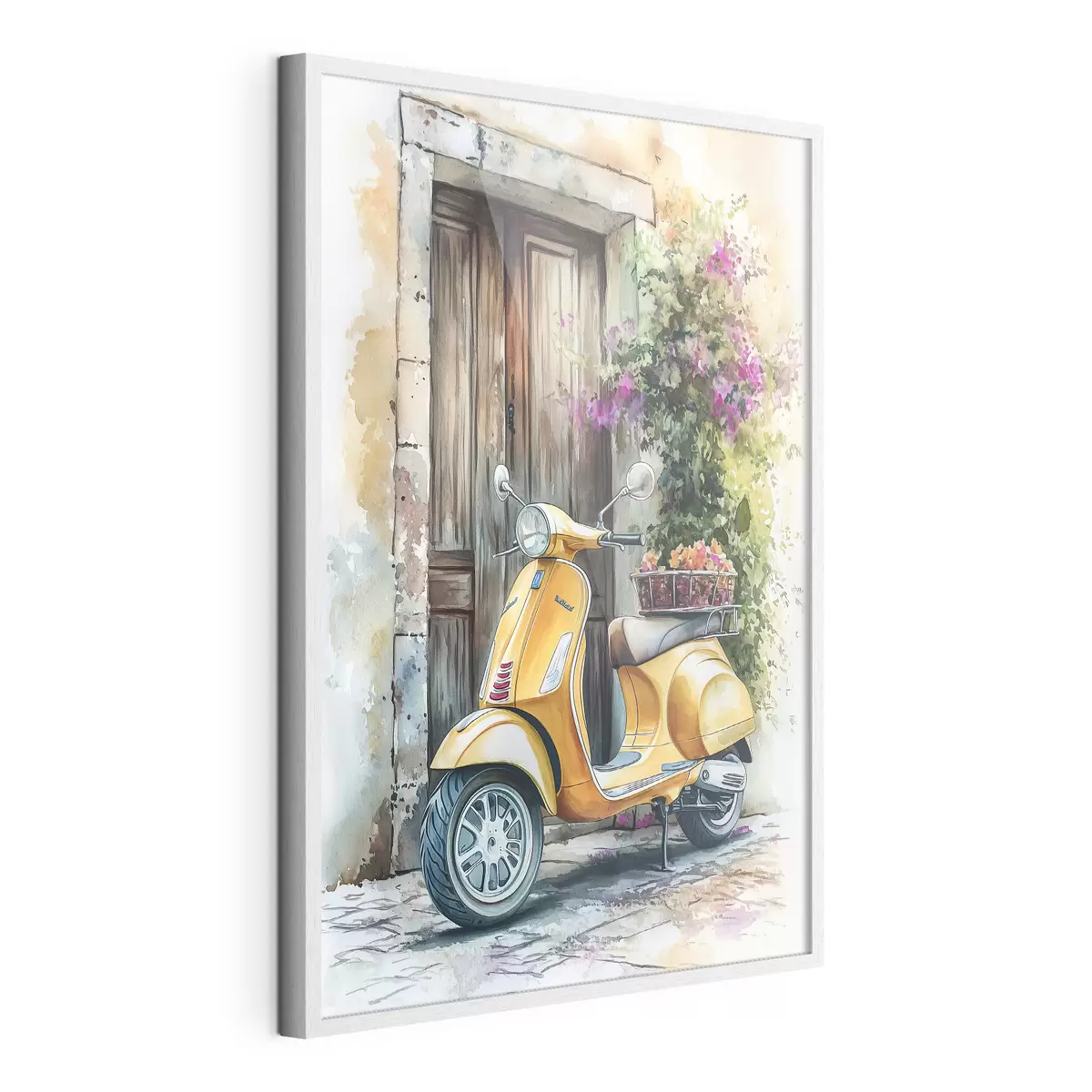 Poster Gelber Vespa-Roller in der Nähe der Holztür mit Blumen f44607