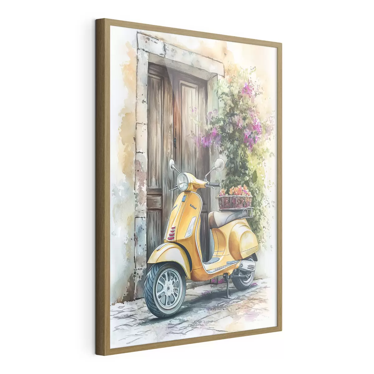 Poster Gelber Vespa-Roller in der Nähe der Holztür mit Blumen f44607