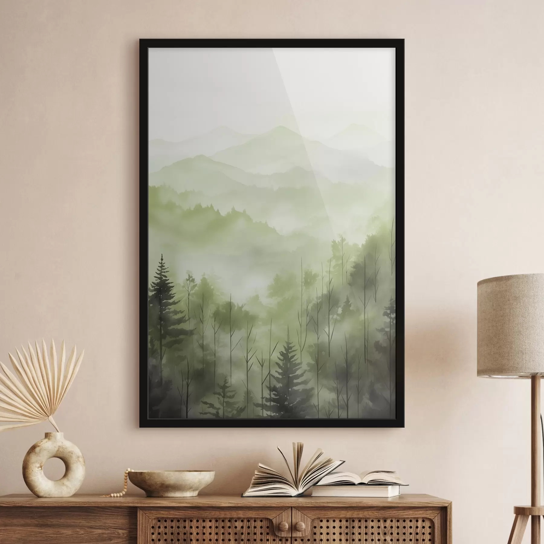 Fototapete Berge mit Waldlandschaft, grüne Farben, Aquarellstil f44606