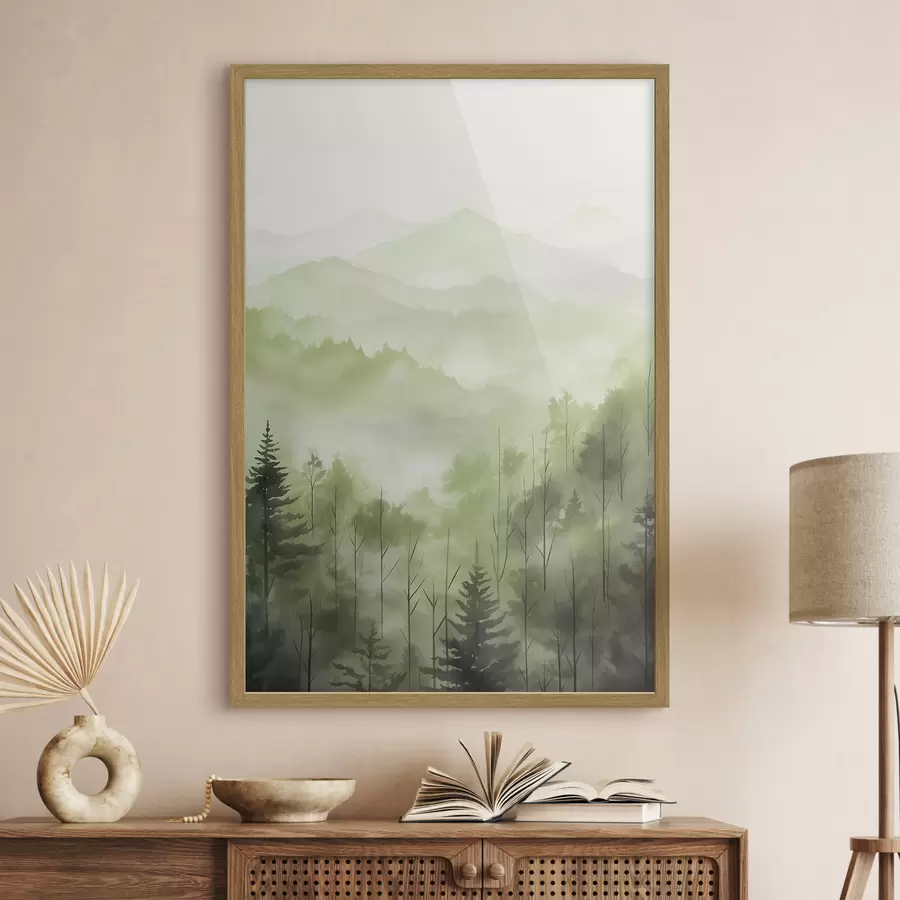 Fototapete Berge mit Waldlandschaft, grüne Farben, Aquarellstil f44606