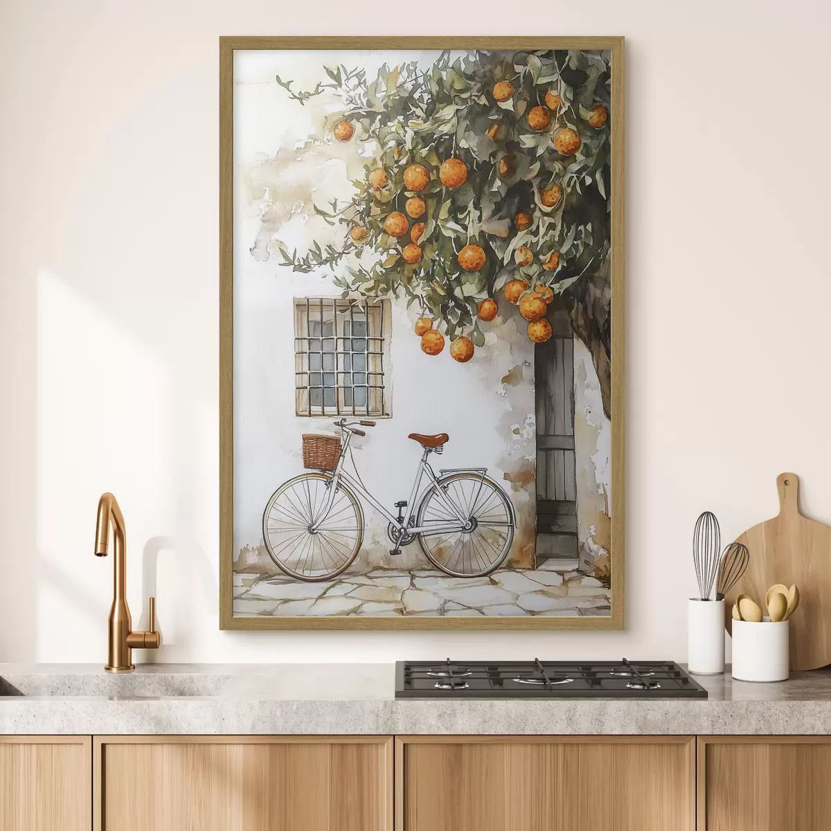 Poster Weißes mediterranes Haus mit Orangenbaum und Fahrrad f44610