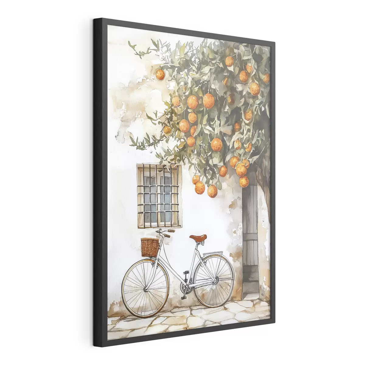 Poster Weißes mediterranes Haus mit Orangenbaum und Fahrrad f44610