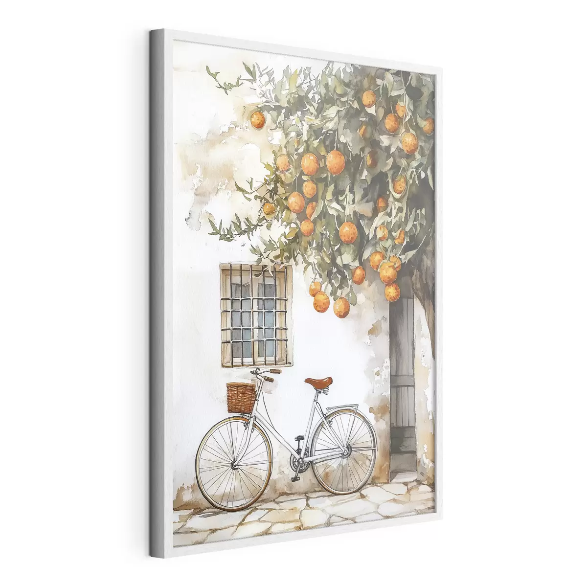Poster Weißes mediterranes Haus mit Orangenbaum und Fahrrad f44610