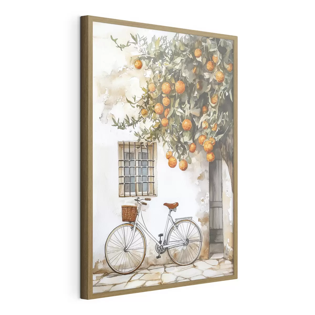 Poster Weißes mediterranes Haus mit Orangenbaum und Fahrrad f44610