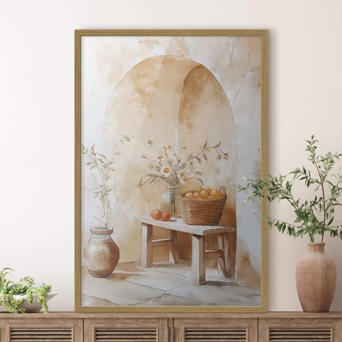 Poster Bogenwand mit antikem Krug, Kamillenblüten und Korb mit Orangen f44613