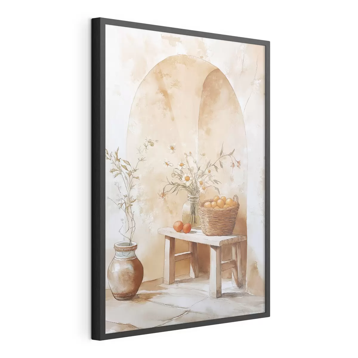 Poster Bogenwand mit antikem Krug, Kamillenblüten und Korb mit Orangen f44613