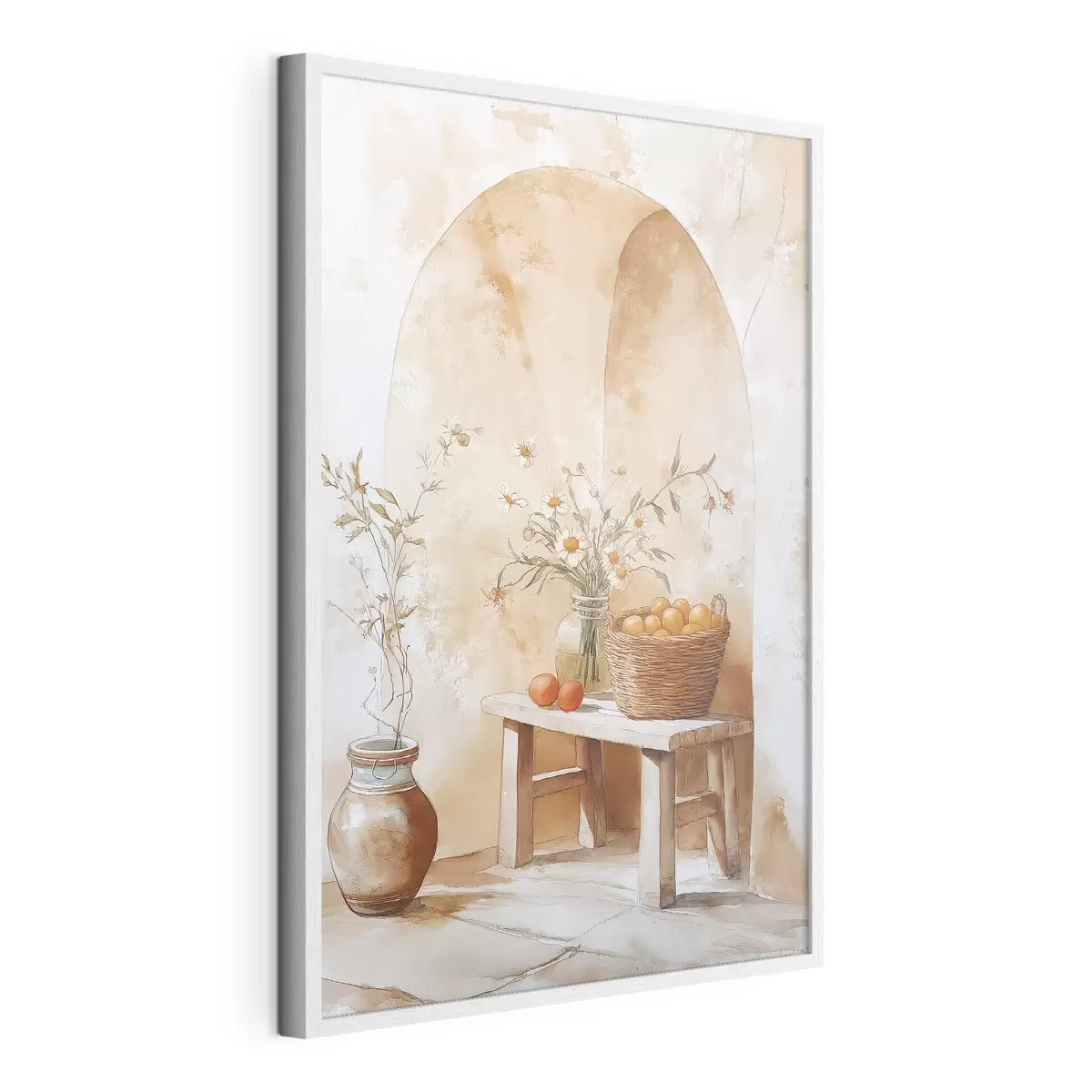 Poster Bogenwand mit antikem Krug, Kamillenblüten und Korb mit Orangen f44613