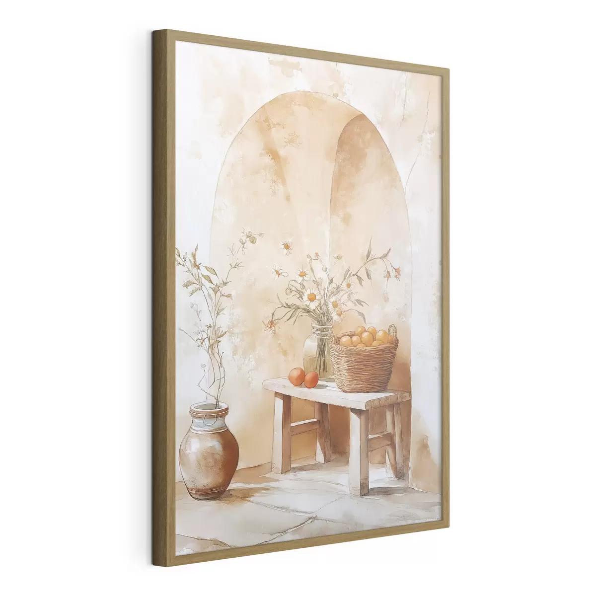 Poster Bogenwand mit antikem Krug, Kamillenblüten und Korb mit Orangen f44613