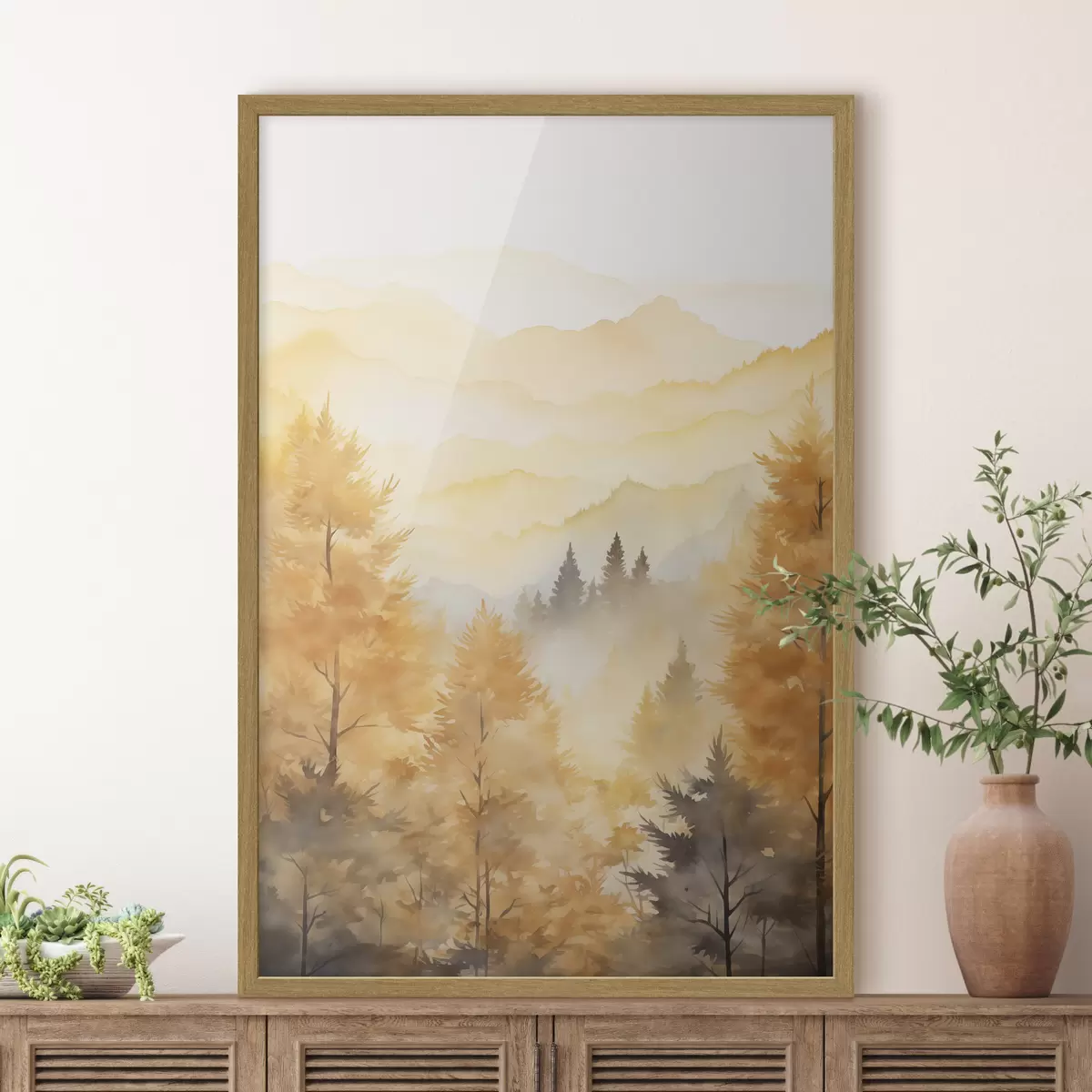Poster Schöner Herbstwald mit Bergen im Hintergrund f44614