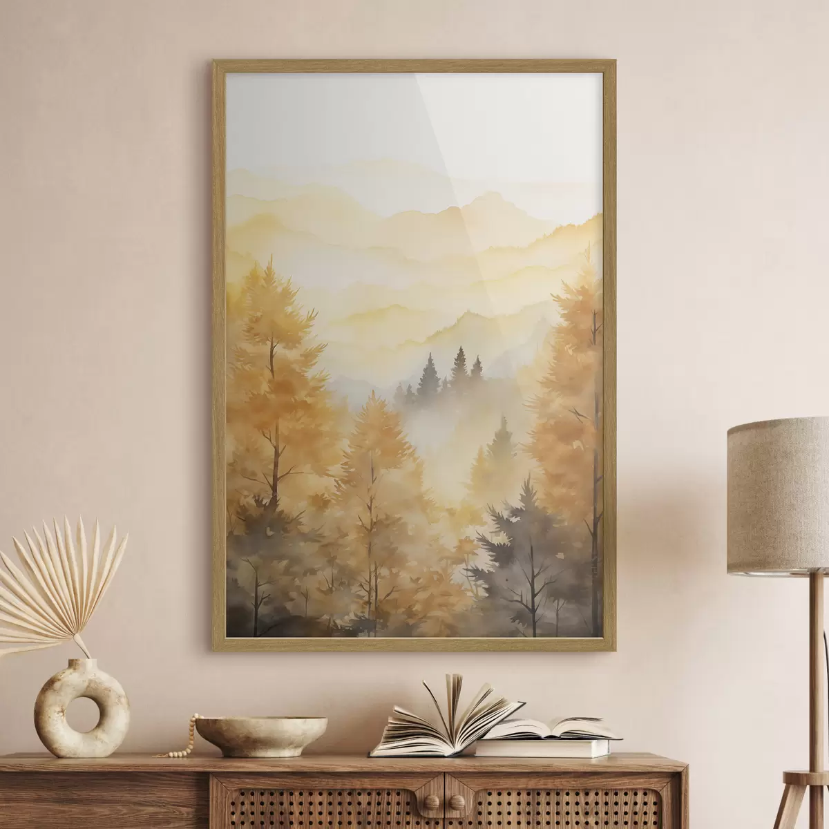 Poster Schöner Herbstwald mit Bergen im Hintergrund f44614