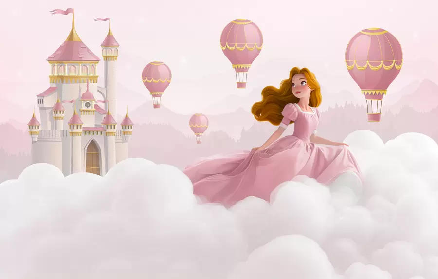 Fototapete Prinzessin zwischen den Wolken auf dem Hintergrund der Landschaft mit dem Schloss w04015v1