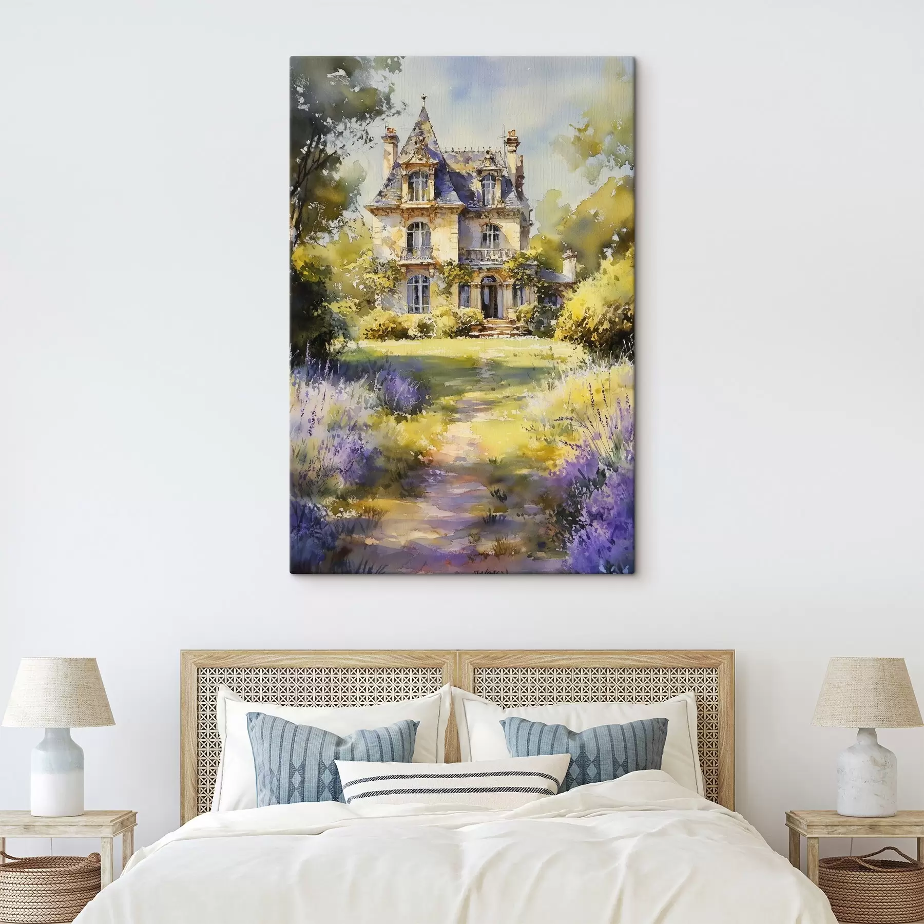 Fototapete Französisches Landhaus, Aquarellstil, Lavendelfelder s44501