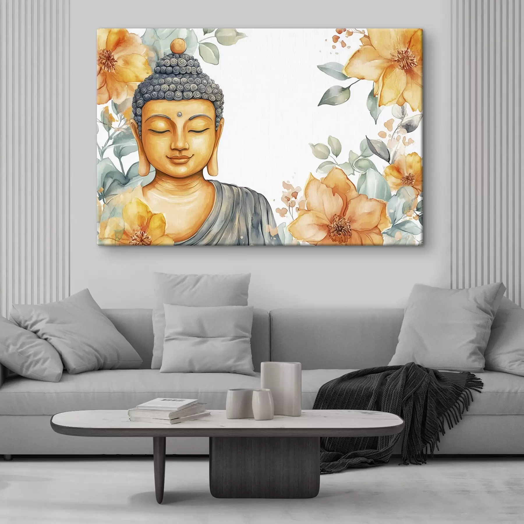 Fototapete Buddha umgeben von orangefarbenen Blumen, Aquarellstil s44508