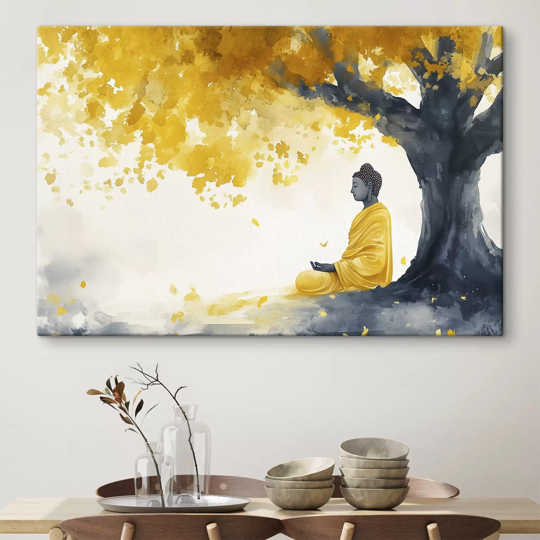Fototapete Meditierender Buddha unter dem Baum, gelbe und graue Farben s44509