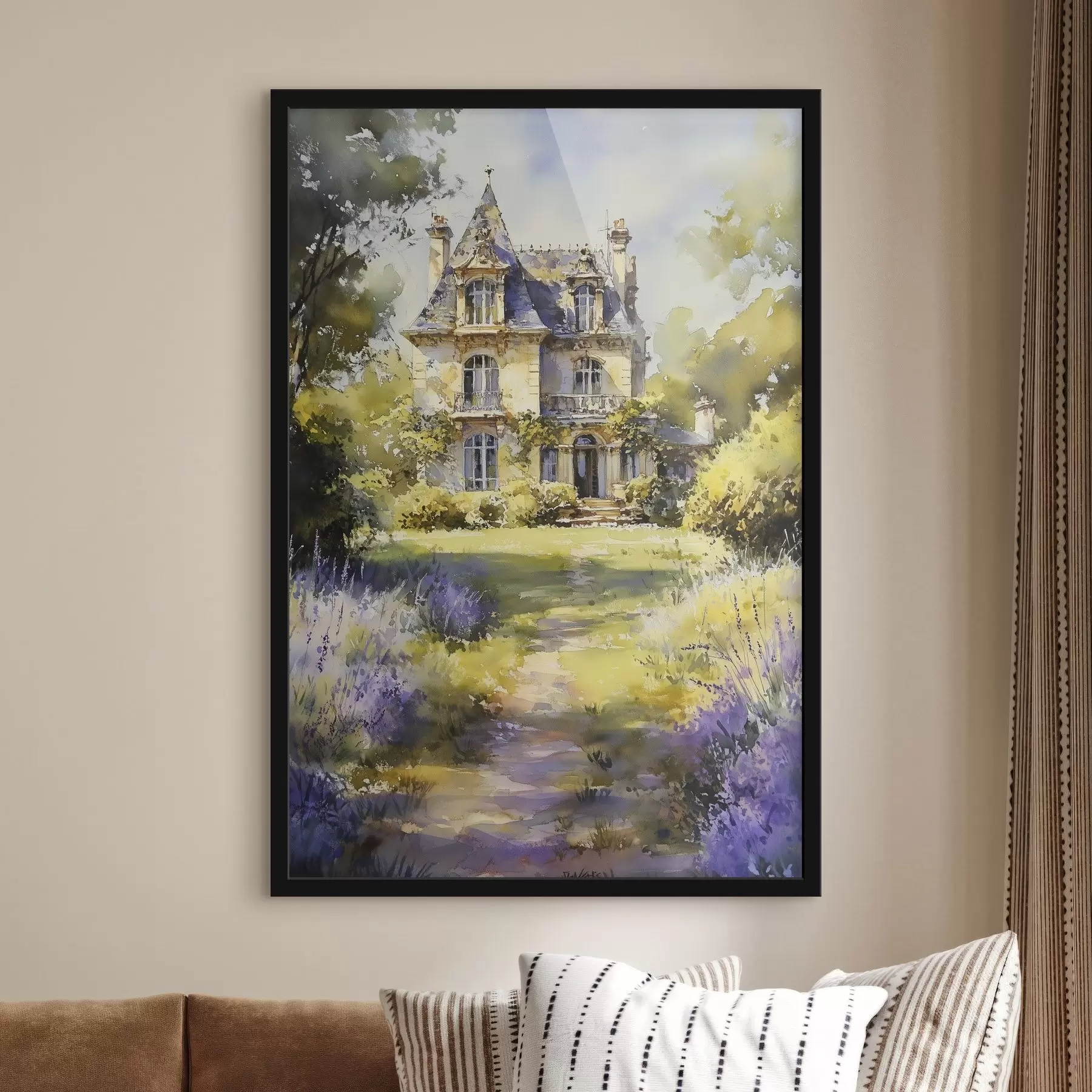 Fototapete Französisches Landhaus, Aquarellstil, Lavendelfelder f44501