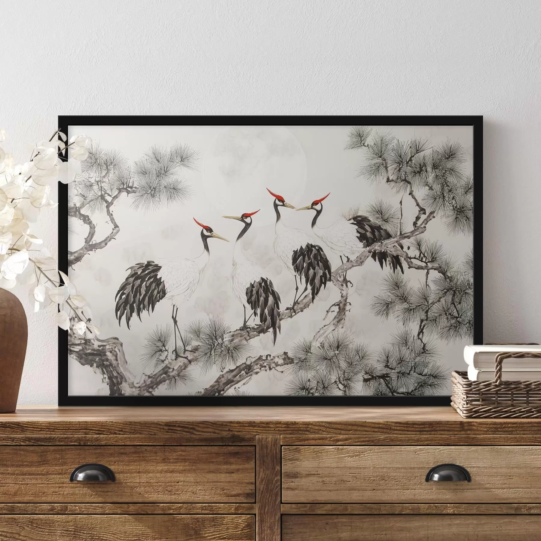 Fototapete Chinesische Kunst mit Kranichen und Kiefern, orientalischer Stil, Natur f44503