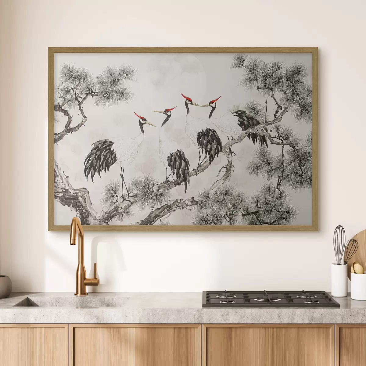 Poster Chinesische Kunst mit Kranichen und Kiefern, orientalischer Stil, Natur f44503