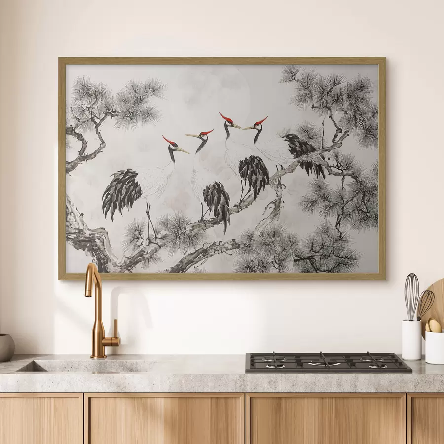 Fototapete Chinesische Kunst mit Kranichen und Kiefern, orientalischer Stil, Natur f44503