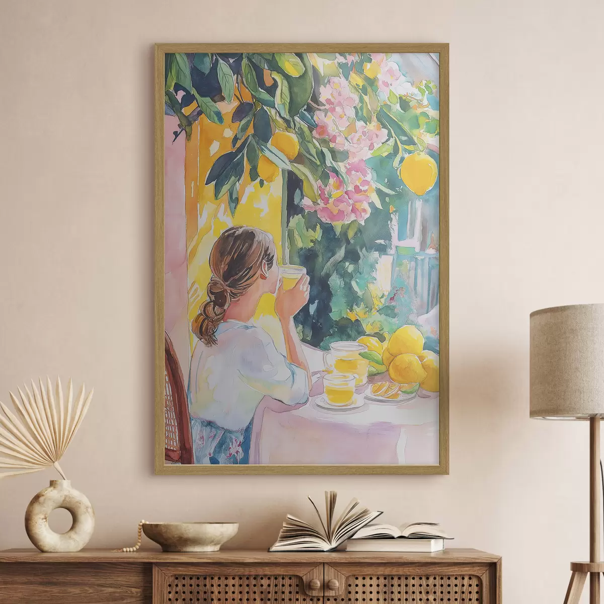 Poster Sommerstimmung, Mädchen im Cafe, Limoncello, Italien, Aquarellstil f44505