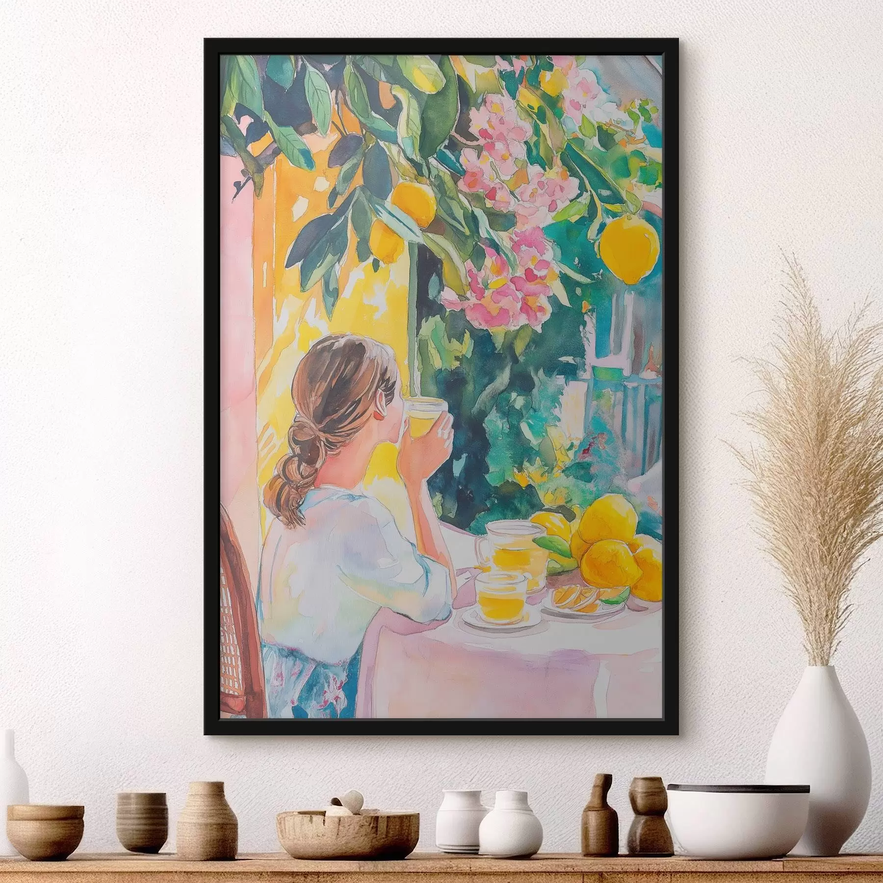 Fototapete Sommerstimmung, Mädchen im Cafe, Limoncello, Italien, Aquarellstil f44505