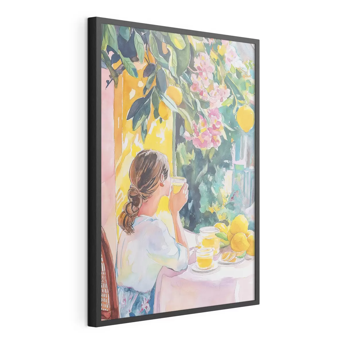 Poster Sommerstimmung, Mädchen im Cafe, Limoncello, Italien, Aquarellstil f44505