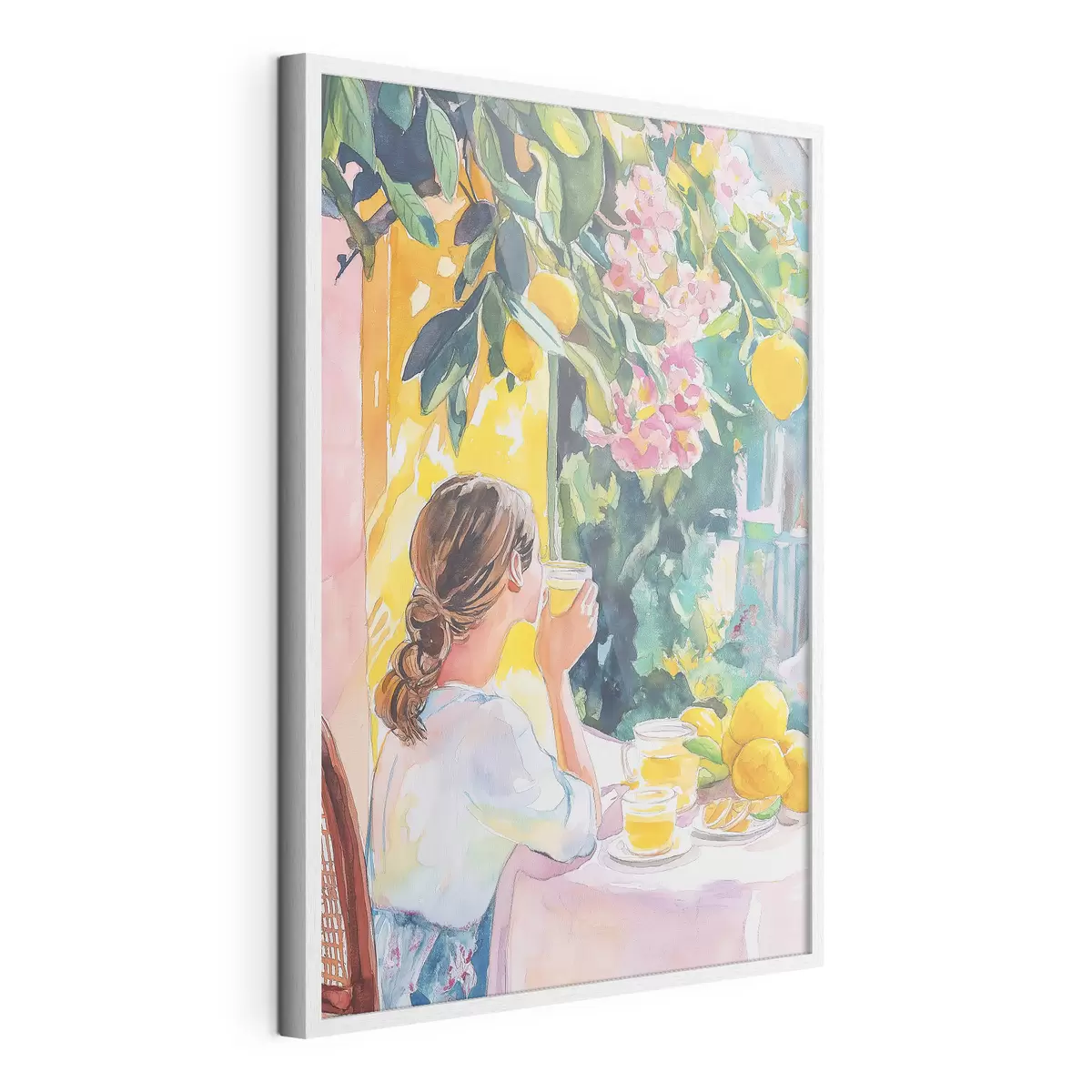 Poster Sommerstimmung, Mädchen im Cafe, Limoncello, Italien, Aquarellstil f44505