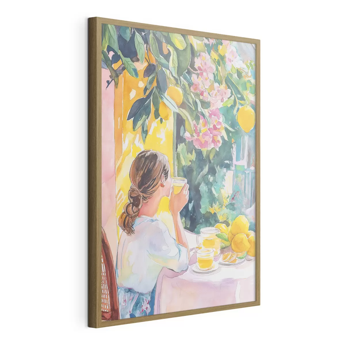 Poster Sommerstimmung, Mädchen im Cafe, Limoncello, Italien, Aquarellstil f44505