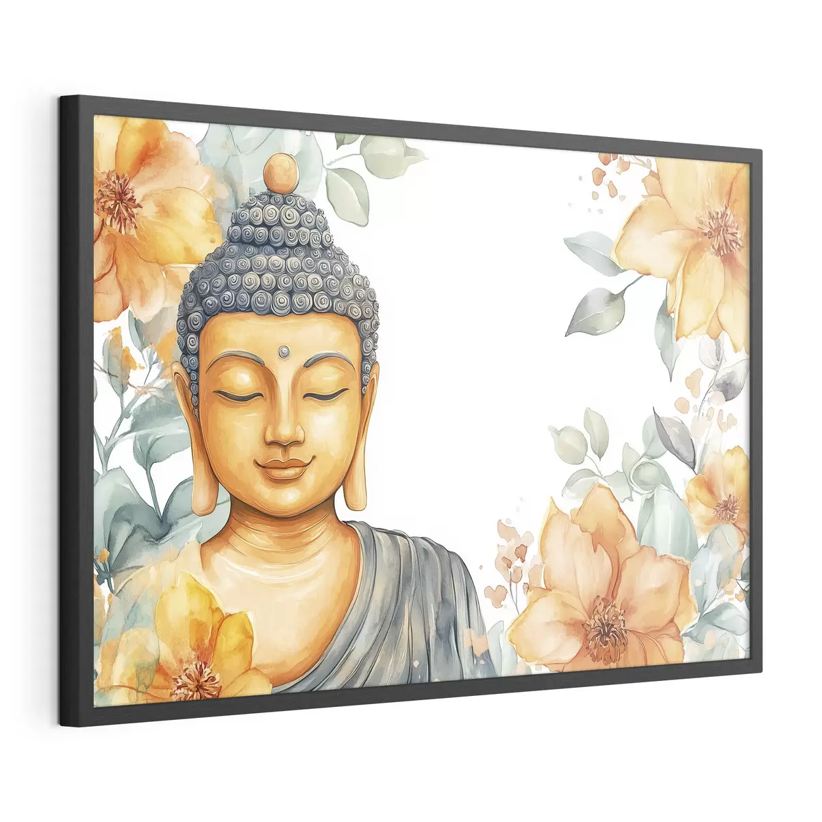 Poster Buddha umgeben von orangefarbenen Blumen, Aquarellstil f44508