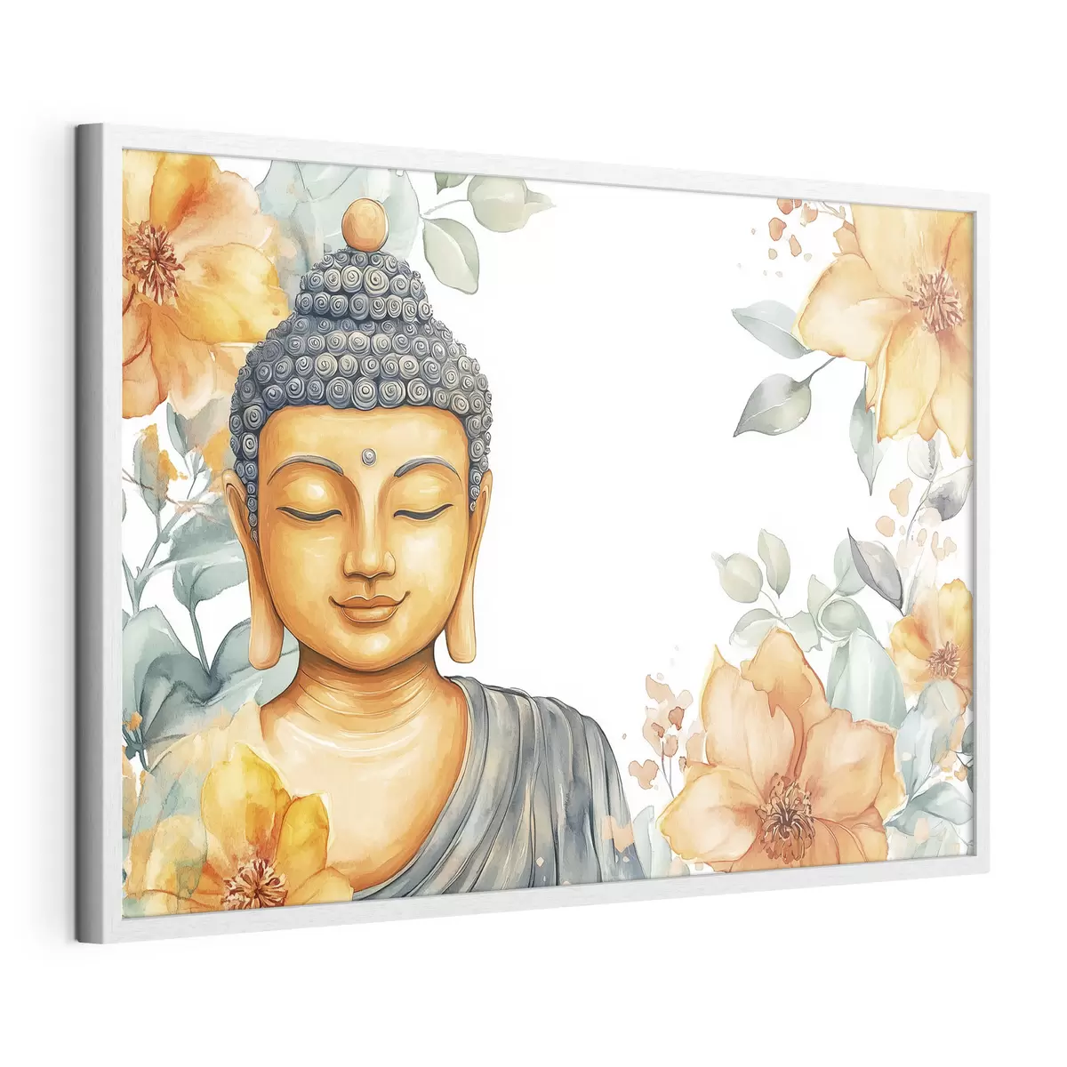 Poster Buddha umgeben von orangefarbenen Blumen, Aquarellstil f44508