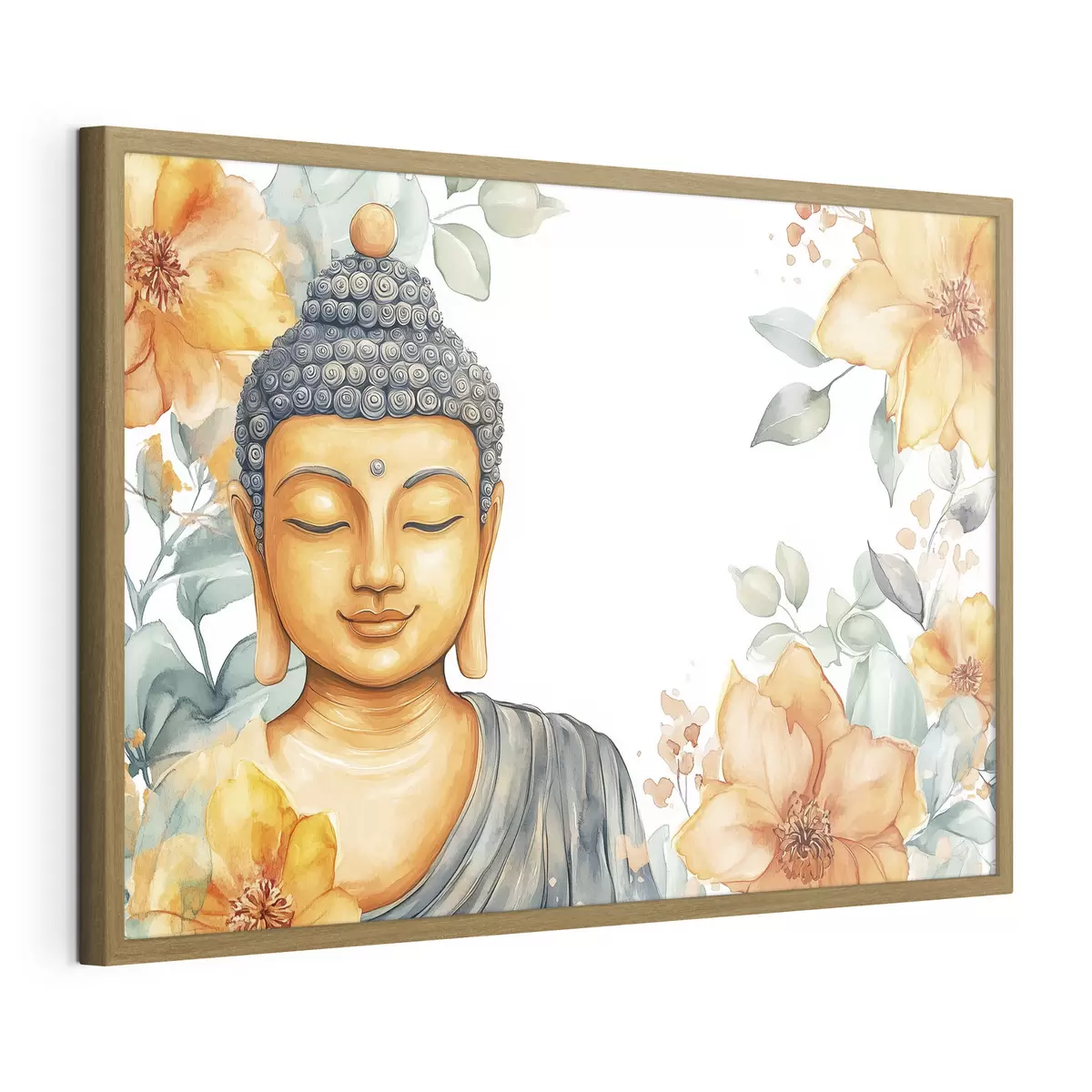 Poster Buddha umgeben von orangefarbenen Blumen, Aquarellstil f44508