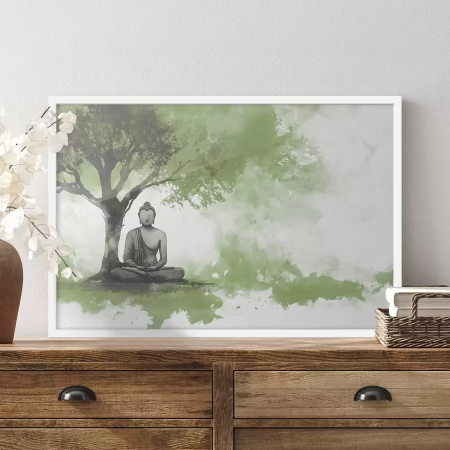 Fototapete Buddha sitzt unter dem Baum, Meditation, spirituell, grüne Farben f44512v1