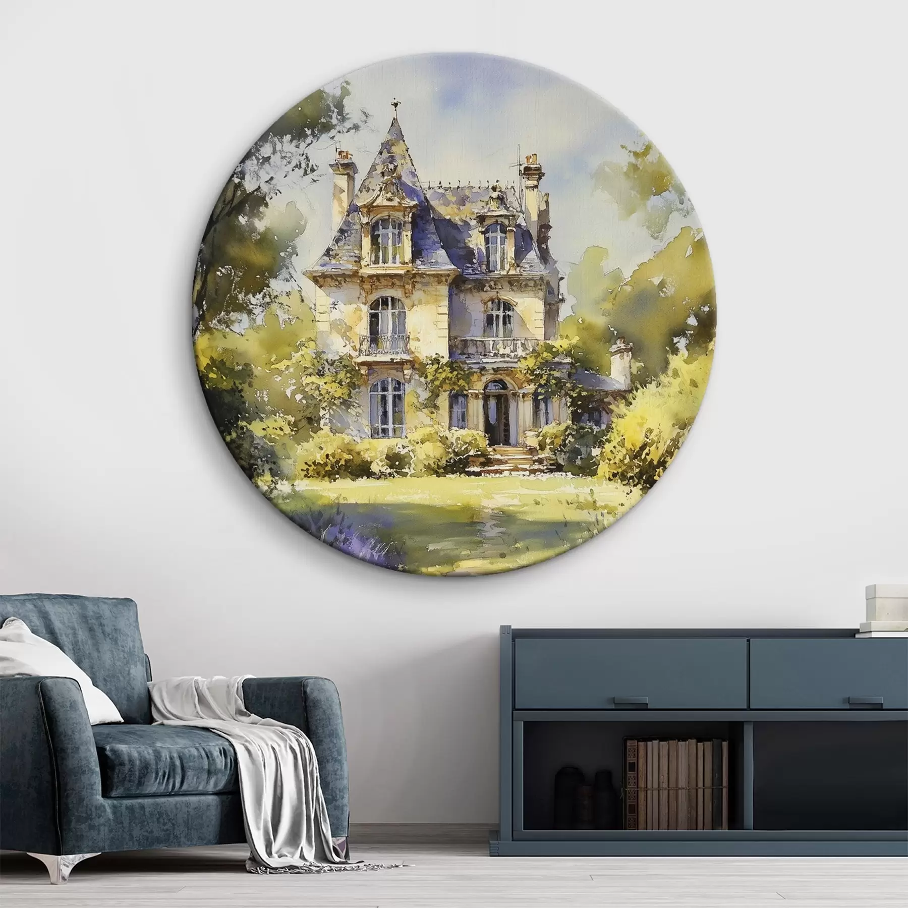 Fototapete Französisches Landhaus, Aquarellstil, Lavendelfelder r44501
