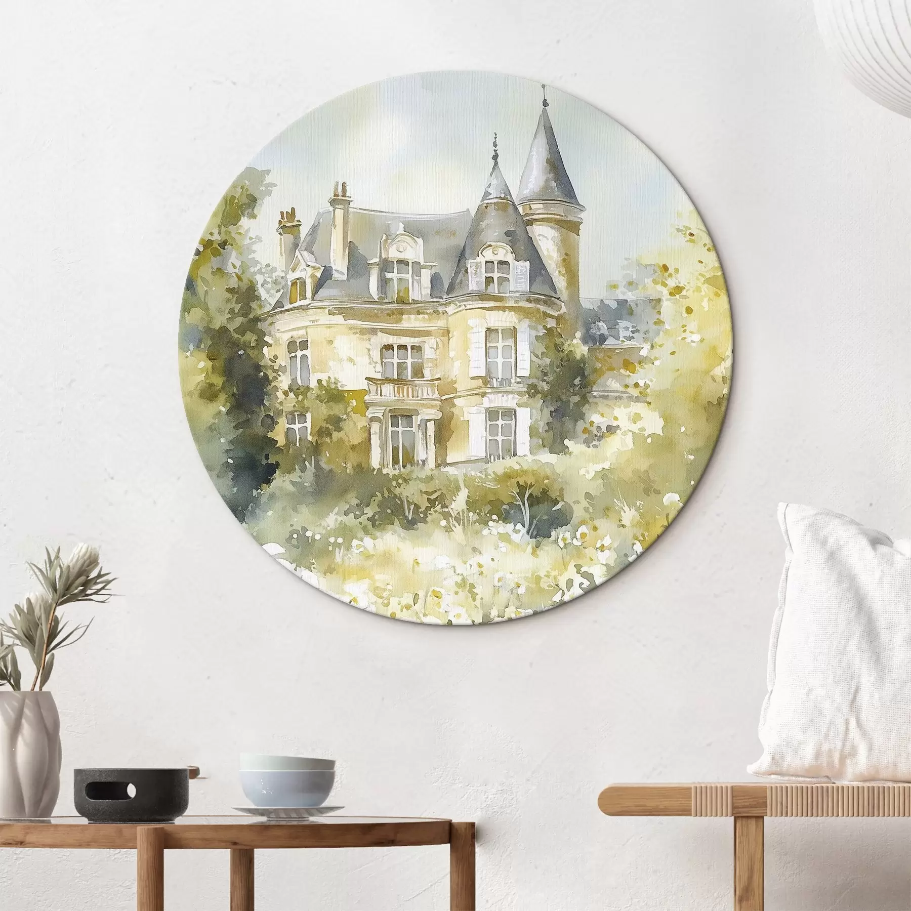 Fototapete Schönes Schloss mit Grünzeug und weißen Blumen, Aquarell-Stil r44506