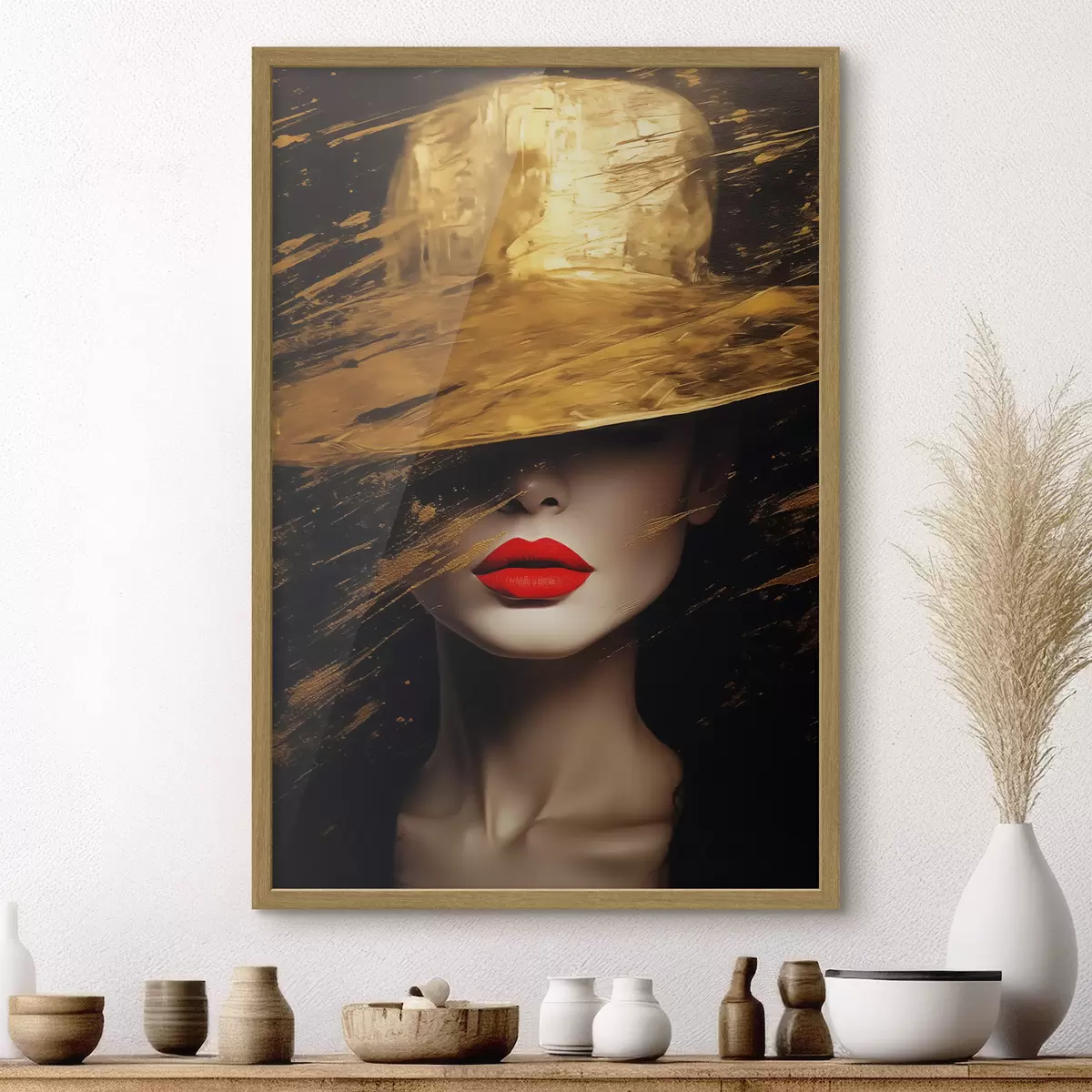 Poster Rote Lippen unter goldenem Hut f44691