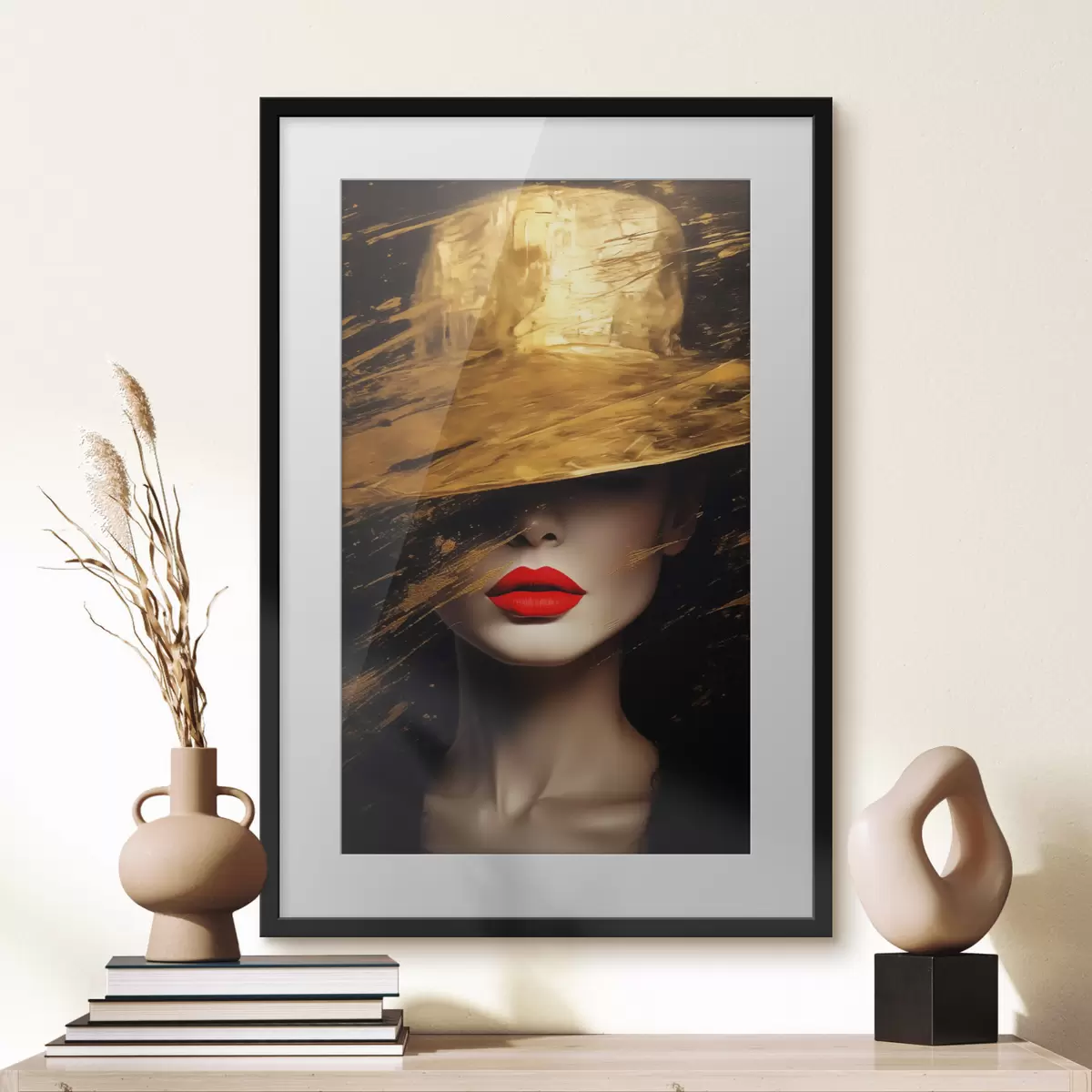 Poster Rote Lippen unter goldenem Hut f44691