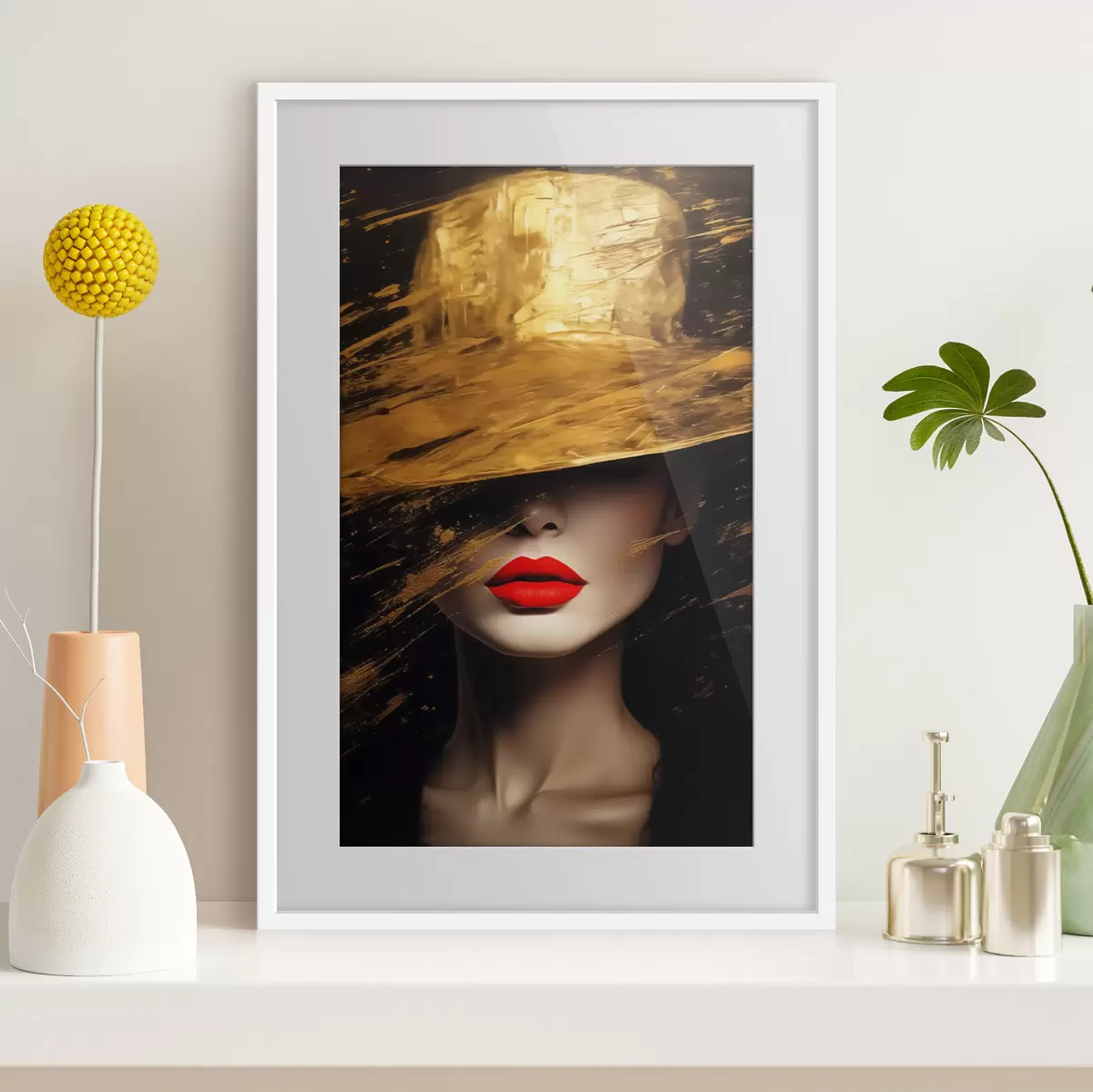 Poster Rote Lippen unter goldenem Hut f44691
