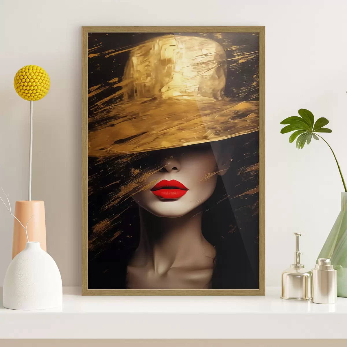 Poster Rote Lippen unter goldenem Hut f44691