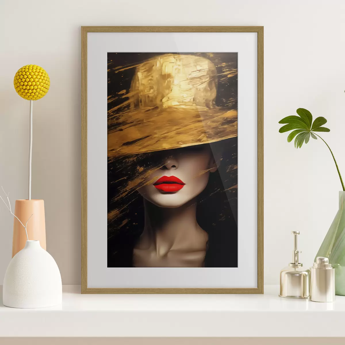 Poster Rote Lippen unter goldenem Hut f44691