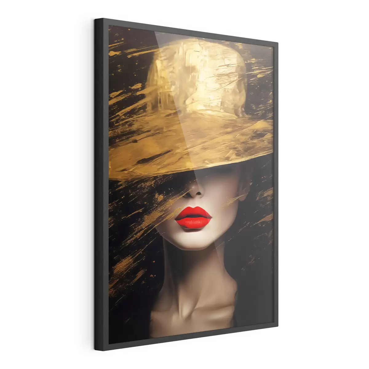 Poster Rote Lippen unter goldenem Hut f44691