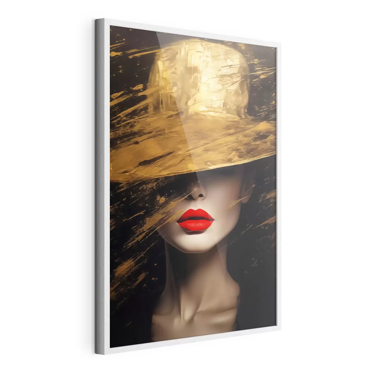 Poster Rote Lippen unter goldenem Hut f44691