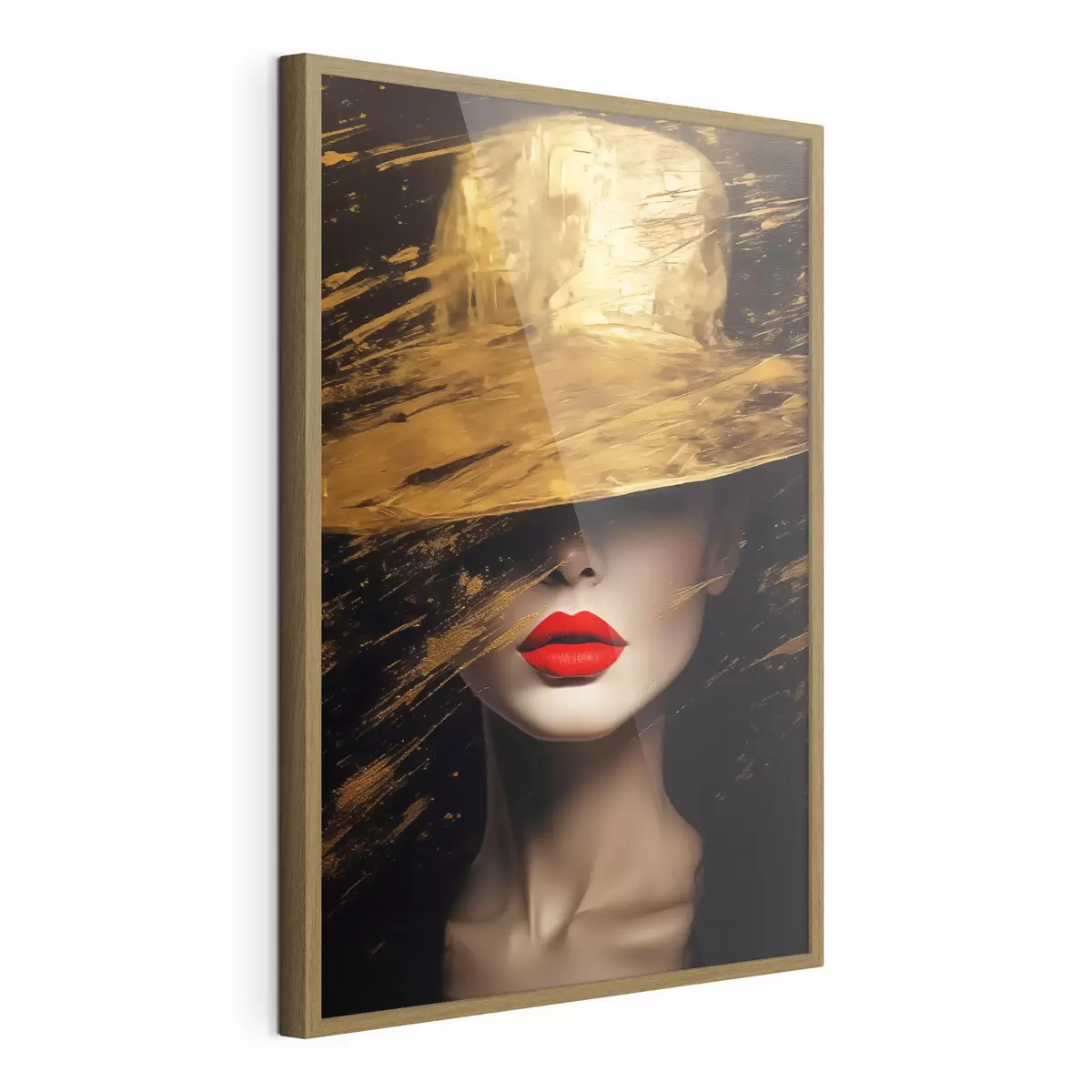 Poster Rote Lippen unter goldenem Hut f44691