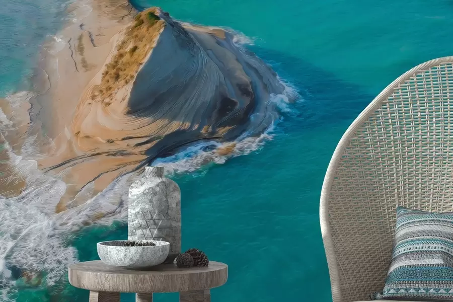 Fototapete Griechenland Insel, Öl-Stil Textur, Meer Küste, aquamarin Wasser, Realismus w04094