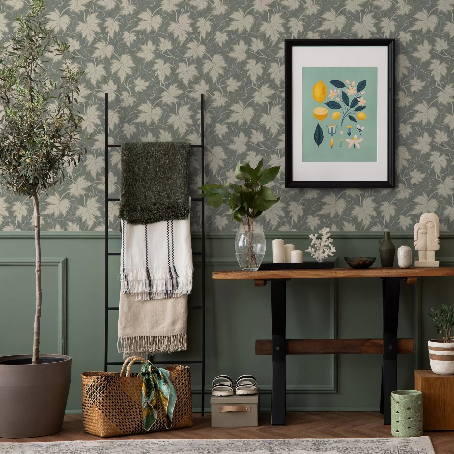 Fototapete Weißes Traubenblatt auf grünem Hintergrund a00194