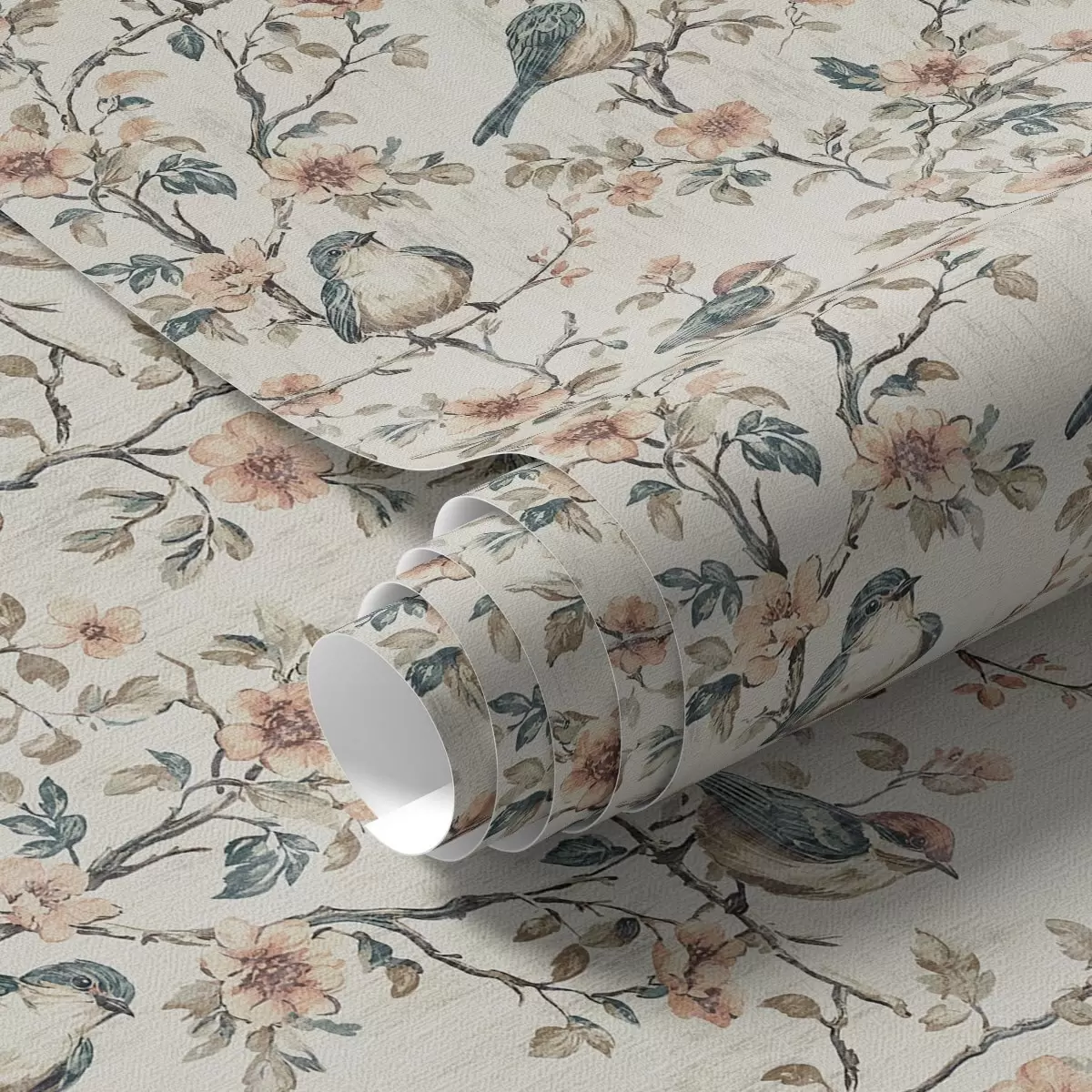 Tapete Vögel auf Zweigen mit Blumen im Retro-Aquarell-Stil a00197 Tapete Vögel auf Zweigen mit Blumen im Retro-Aquarell-Stil a00197