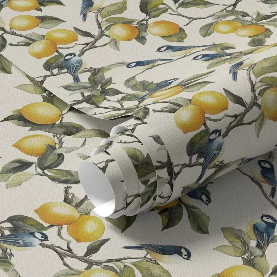 Fototapete Vögel und Zitronen auf den Zweigen, botanische Aquarellzeichnung a00207