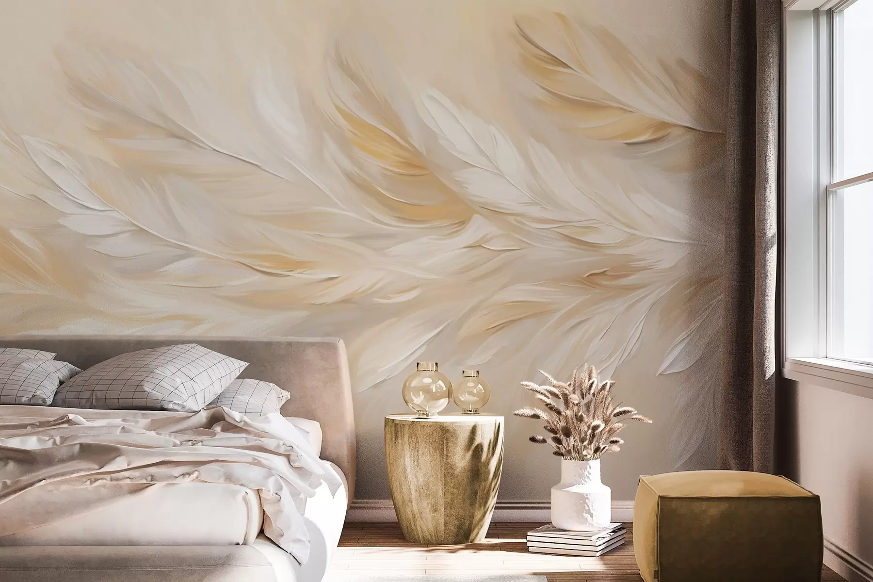 Fototapete Weiße und beige Federn in einem fließenden Druck angeordnet, weiche Textur, warme Farbpalette, abstrakter Hintergrund w09191