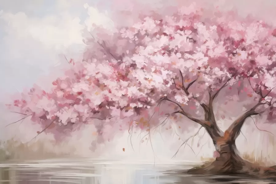 Fototapete Abstrakte rosa Blüte Baum in voller Blüte, neben einem Fluss, weich strukturierte Pinselstriche und Pastellfarben w09193