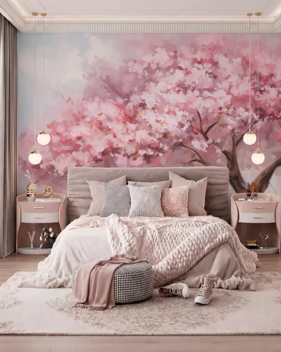 Fototapete Abstrakte rosa Blüte Baum in voller Blüte, neben einem Fluss, weich strukturierte Pinselstriche und Pastellfarben w09193