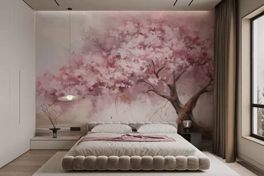 Fototapete Abstrakte rosa Blüte Baum in voller Blüte, neben einem Fluss, weich strukturierte Pinselstriche und Pastellfarben w09193